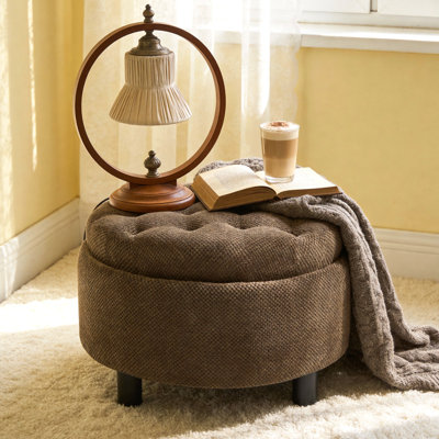 Repose-pieds de rangement de 25 pouces, repose-pieds rond, repose-pieds de table basse, table d'appoint en bois, pouf rembourré en tissu, petit meuble de rangement, rangement caché, décor de maison de campagne moderne, salon, chambre à coucher