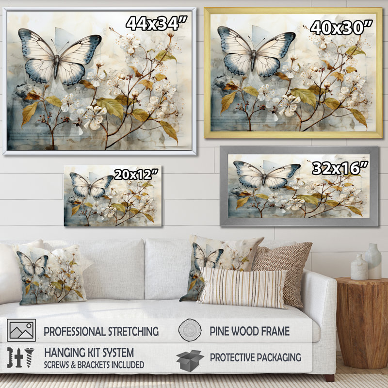 Papillon beige Bibby Glimpse Of Serendipity - décoration murale papillon, H 12 po x l 20 po x P 1 po, Cadre simple noir