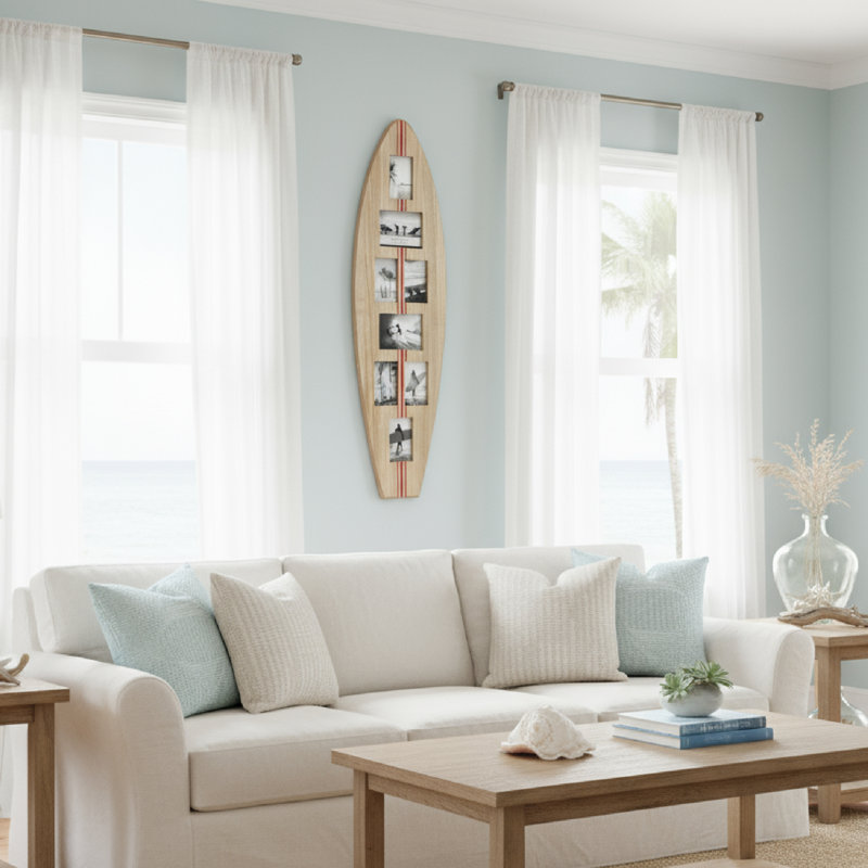 Surfboard Photo Collage Wall Decor - 8-Photo Beach Frame Natural/Red Stripe, Red, 48" x 14"