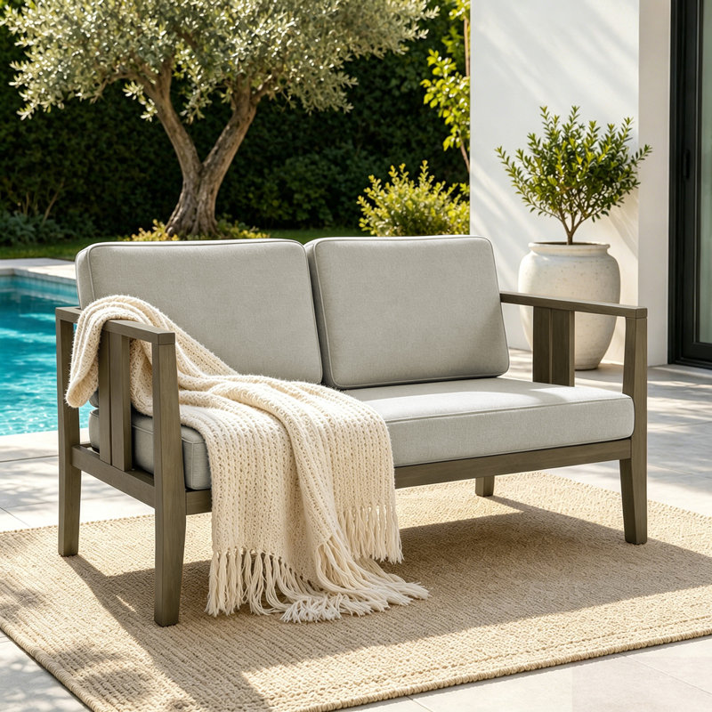 Junco Solid Wood Teak Outdoor Loveseat With Cushion And Arms, Light Camel, Brown