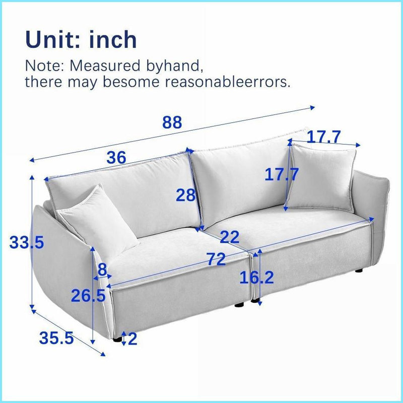 Canapé modulaire de 88 pouces pour salon modulaire en chenille douce avec 2 coussins | Chenille | Accoudoirs ronds | Dossier rembourré