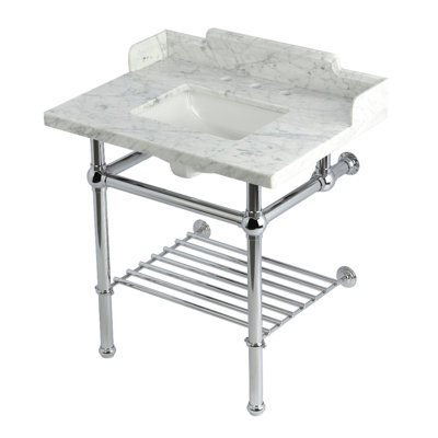 Kingston Brass Pemberton 30-Inch Carrara Marble Console Sink with Brass Legs and Shelf (8-Inch, 3-Hole)