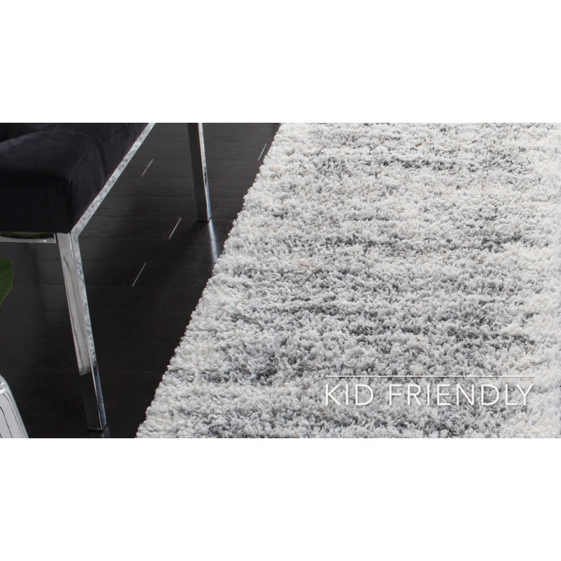 Ivory and Grey Hand-knotted Shag Rug 2'3" x 4'
