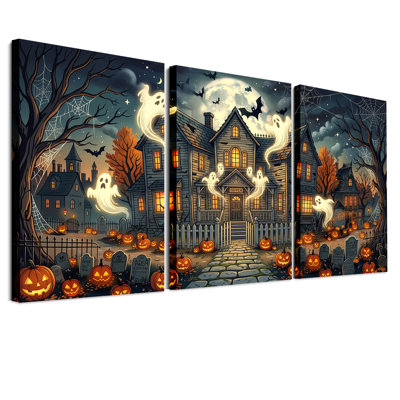 Haunted House With Floating Ghosts And Halloween Set Of 3 Canvas Wall Art