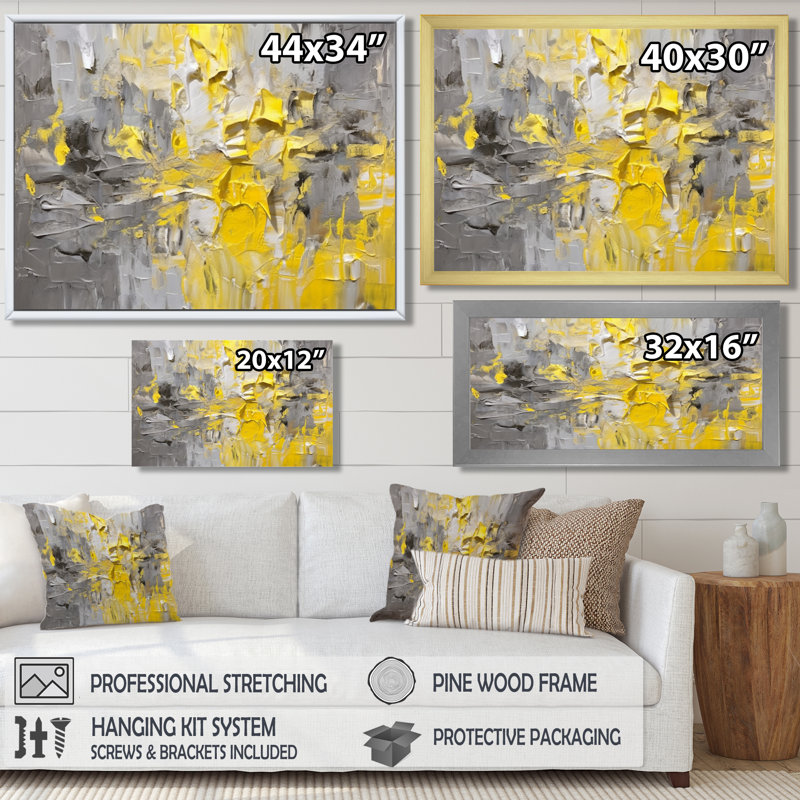 Intense réverbération jaune gris - art mural abstrait, Cadre flottant doré, H 12 po x l 20 po