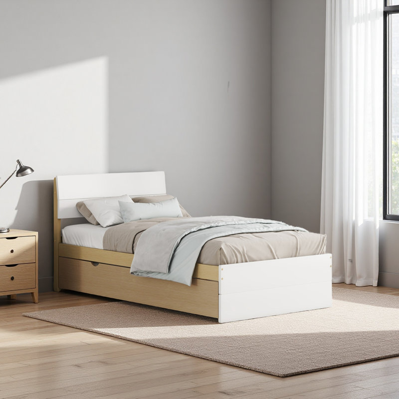 Cadre de lit simple moderne avec tête et pied de lit ultrabrillants, Chêne