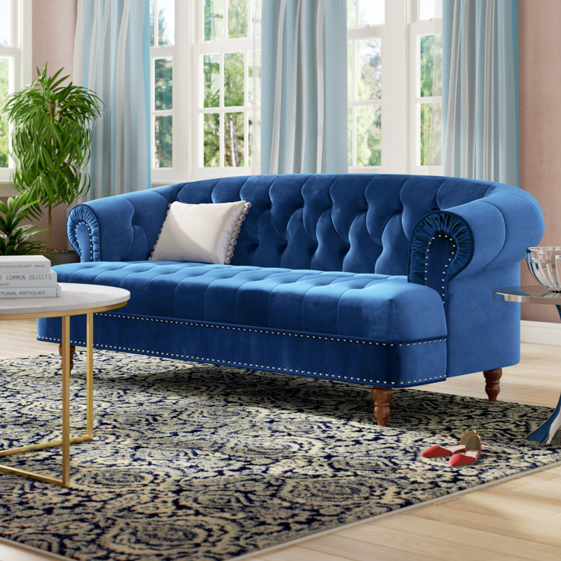 Lambdin Velvet Sofa, Blue, 31.89" H x 81.89" W x 35.04" D