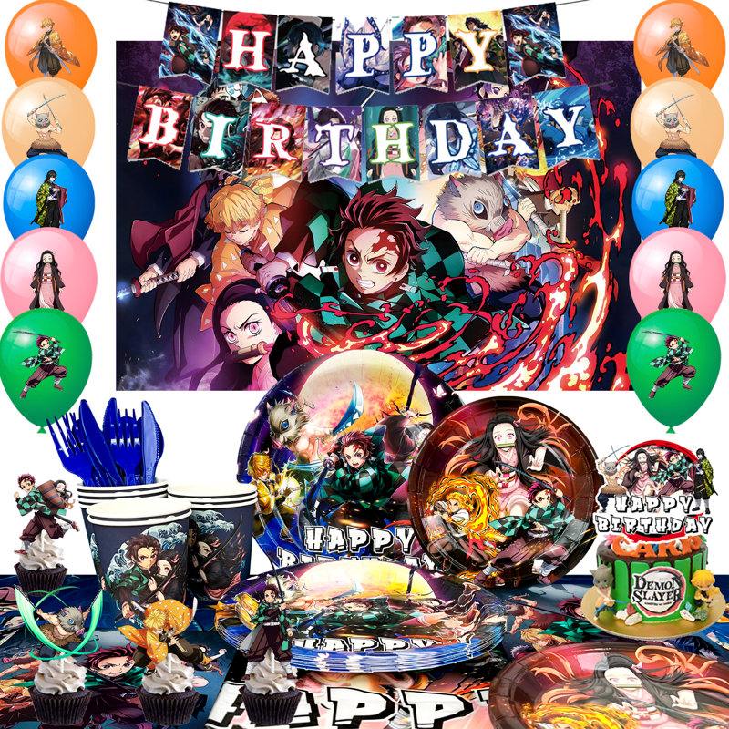 Demon Slayer, décorations d'anniversaire en toile de fond, ensemble de décorations de fête et de vaisselle 112 pièces