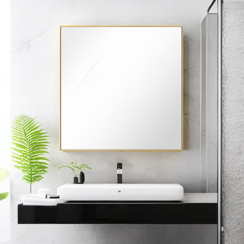 Modern & Contemporary Rectangle Bathroom Vanity Mirror Metal Framed Wall Mirror, 30" x 30", Brass