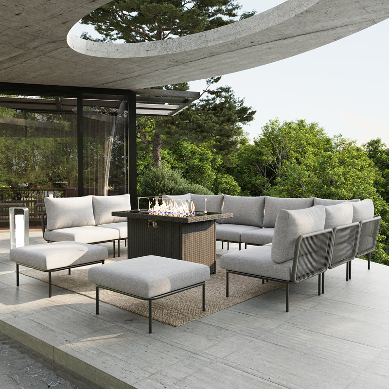 Ensemble de meubles de patio en aluminium 11 pièces Ebern Designs, canapé modulaire moderne avec table de foyer et coussin épais
