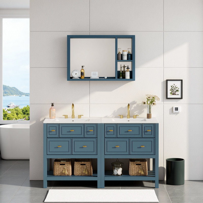 Ensemble de meuble-lavabo simple 60 po avec tiroirs 60 po, Bleu