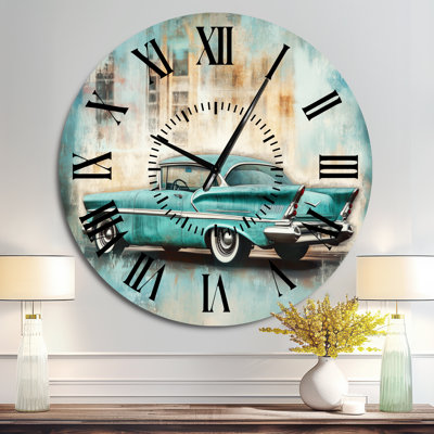 Teal Classic Car Drive - Vintage Large Metal Wall Clock