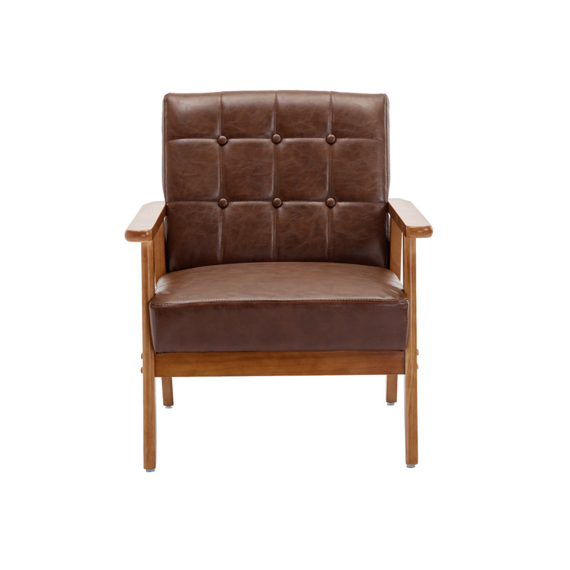 Accent Chairs Set of 2 with Side Table, Wood and Fabric Armchairs Side Chair, Faux Leather Brown