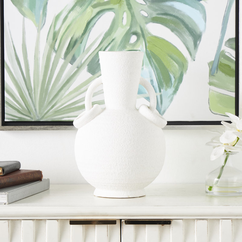 Ceramic Textured Decorative Vase with Ring Handles, Cream