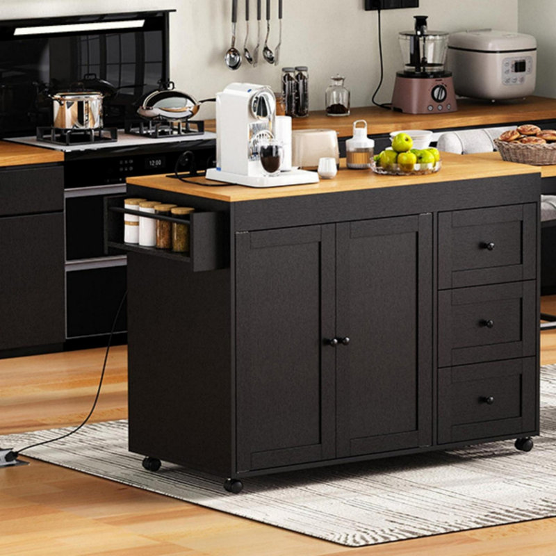 74.8" Kitchen Island With Extendable Dining Table, Kitchen Storage Cart With 3 Drawers, Power Outlet, Rolling Kitchen Island On Wheels With Spice Rack And 2 Door Cabinet, For Kitchen