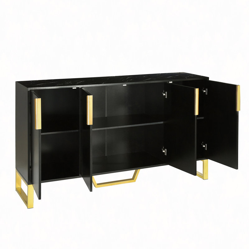 Modern Sideboard With Four Doors, Metal Handles & Legs And Adjustable Shelves Kitchen Cabinet, Black