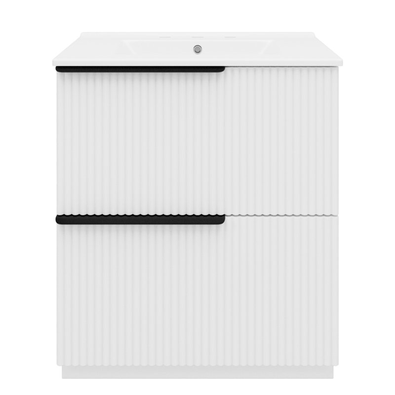 White 30" Bathroom Vanity With Fluted Design, Extension Drawers, And Glossy Ceramic Counter In Tint, Sink, Dual Split Drawer System