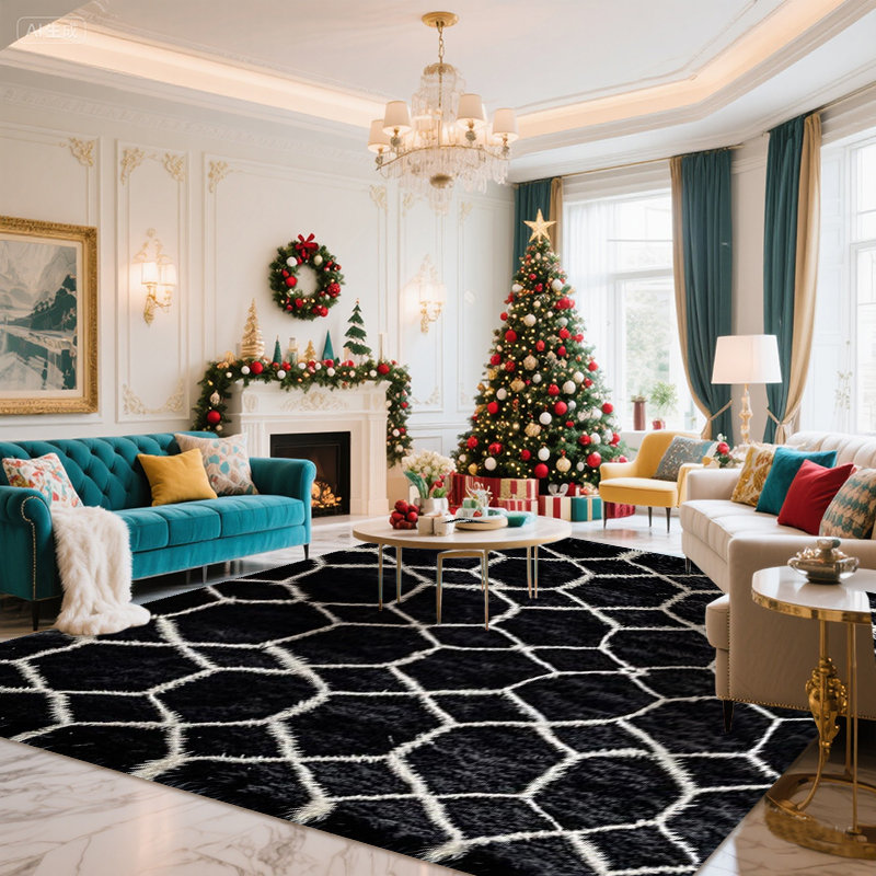 Black & White Geometric Area Rug, Soft Plush Carpet for Living Room Hallway, Festive Holiday Rug for Halloween Christmas, Non-Slip Floor Mat for Home Office, Stylish Hexagon Decor