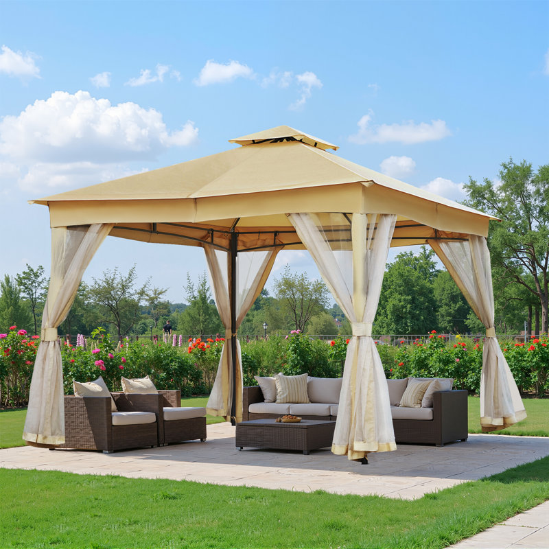 Pavillon de jardin avec moustiquaire à double toit pour patio, H 108 po x l 120 po x P 120 po, Beige