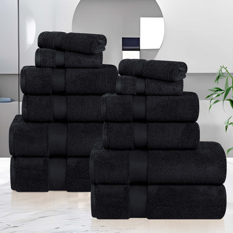 Fatih Zero Twist Cotton Solid Chevron Dobby Border Super Soft Absorbent 12 Piece Assorted Towel Set, Black