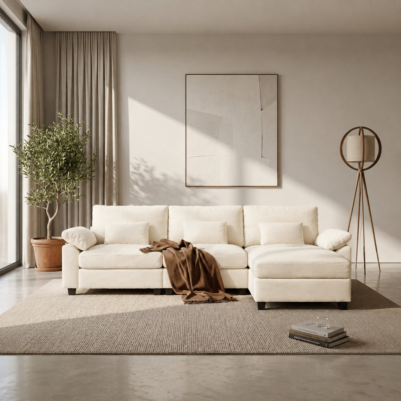 Canapé d'angle trois places en chenille avec méridienne, idéal pour toute la famille et parfait pour le salon., White