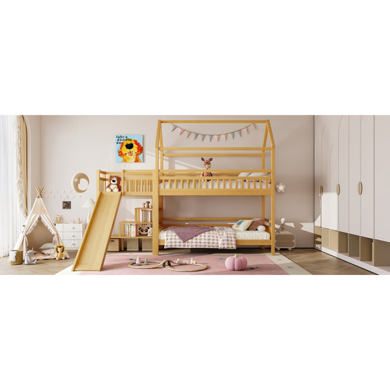 Lit simple superposé en forme de maison avec glissade, lit de jeu avec escalier de rangement, deux méthodes de placement, conception silencieuse, naturel
