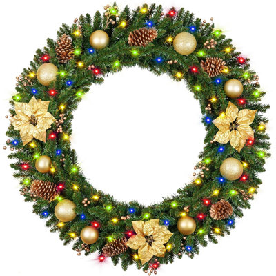  Couronne de Noël artificielle de 48 pouces avec poinsettia pré-éclairée, grande couronne de Noël avec lumière DEL 200 RVB à changement de couleur pour le toit du porche de garage orné d'un arc doré (à brancher)