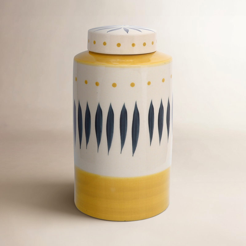 Boho Ceramic Stoneware Jar with Handpainted Lid Detailing and Decorative Etched Leaf Motif for Eclectic Display and Functional Accent Storage in Contemporary Artisan Design