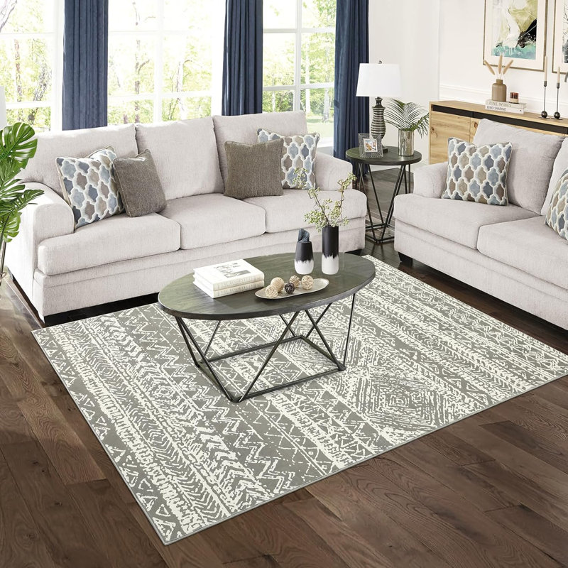 Large Rugs for Bedroom 8x10 Boho Dining Room Rug, Stain-Resistant Low Pile Indoor Carpet, Distressed Geometric Floor Mats for Living Room, 