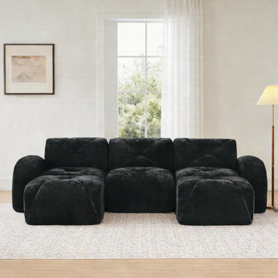 Canapé Cloud en forme de U sans os, canapé modulaire modulaire avec coussins capitonnés, canapé en velours avec repose-pieds mobile