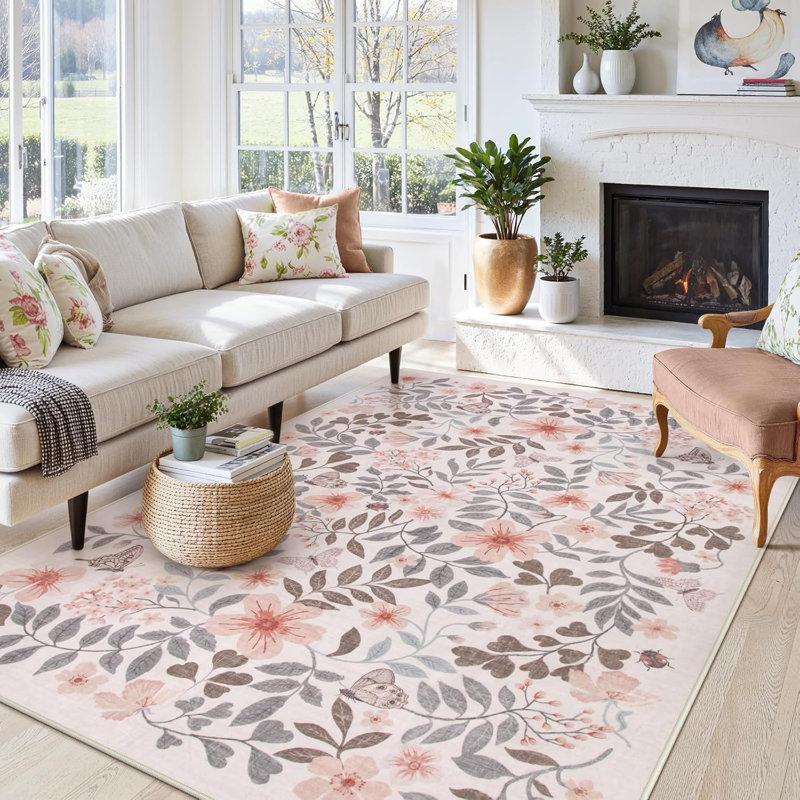  Floral Washable Area Rug Non-Slip Stain Resistant Low-Pile Boho Large Indoor Throw Carpet, Rectangle 8' x 10', Beige/Pink