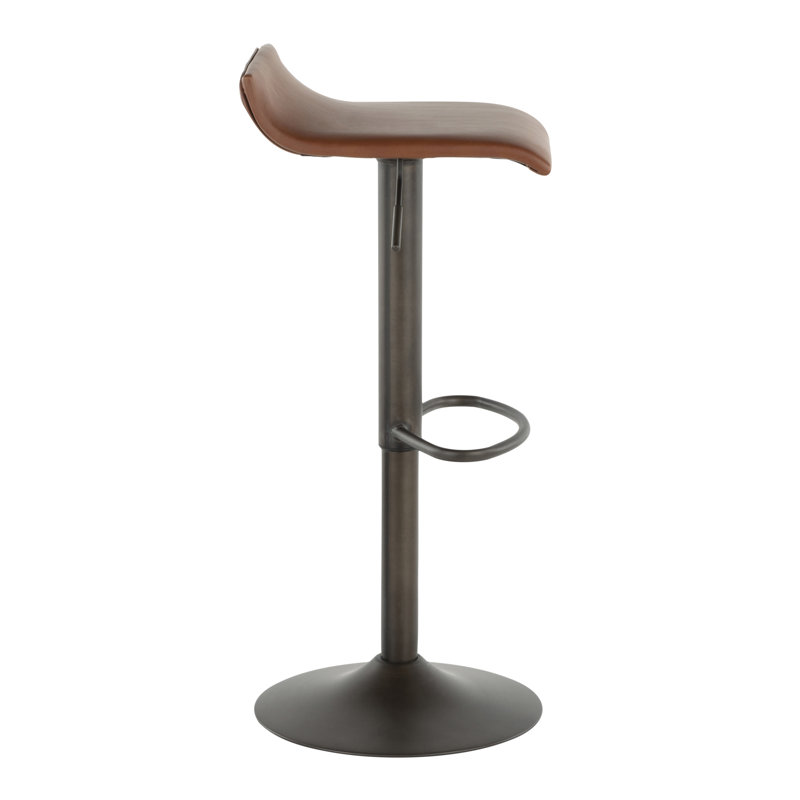 Industrial Barstool In Antique Metal And Brown Faux Leather By  - Set Of 2