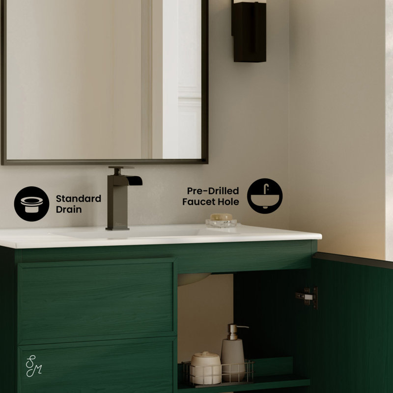 Meuble-lavabo autoportant 36 po avec comptoir St. Tropez, Vert, Simple, Blanc