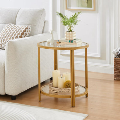Modern 19.7"Round Glass Top End Table, Side Table With 2-Tier Storage