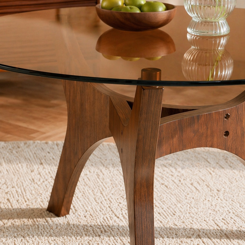 Table basse de 31,5 po en verre, de style Mid-Century moderne, idéale comme pièce maîtresse pour les salons, les chambres à coucher, les espaces de réception et les bureaux (noyer)
