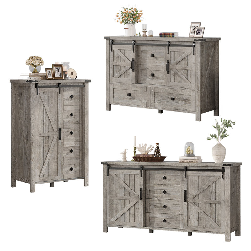 Ensemble de table de chambre à coucher 3 pièces Kriebel Farmhouse, gris, Grey