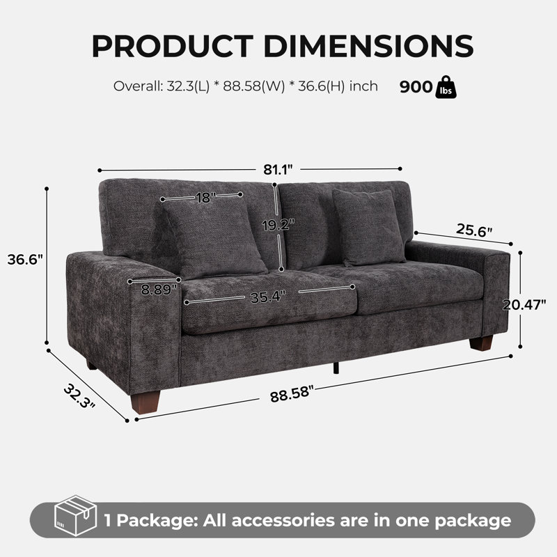 Karlita 3-Seater 89'' Modern Upholstered Sofa with Square Armrests and 2 Throw Pillows, Dark Gray