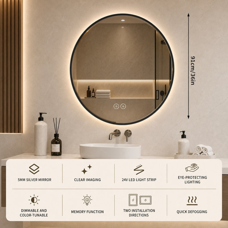 Miroir de salle de bain rond à rétroéclairage à DEL de 36 po avec cadre à DEL, 3 lumières à intensité variable, antibuée, commande tactile