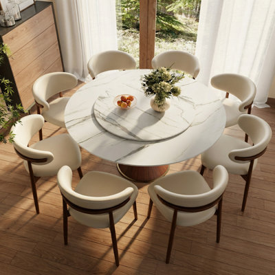 9-Piece Round Dining Elegant Sintered Stone Table Set With Rotating Lazy Susan And 8 Upholstered PU Chairs