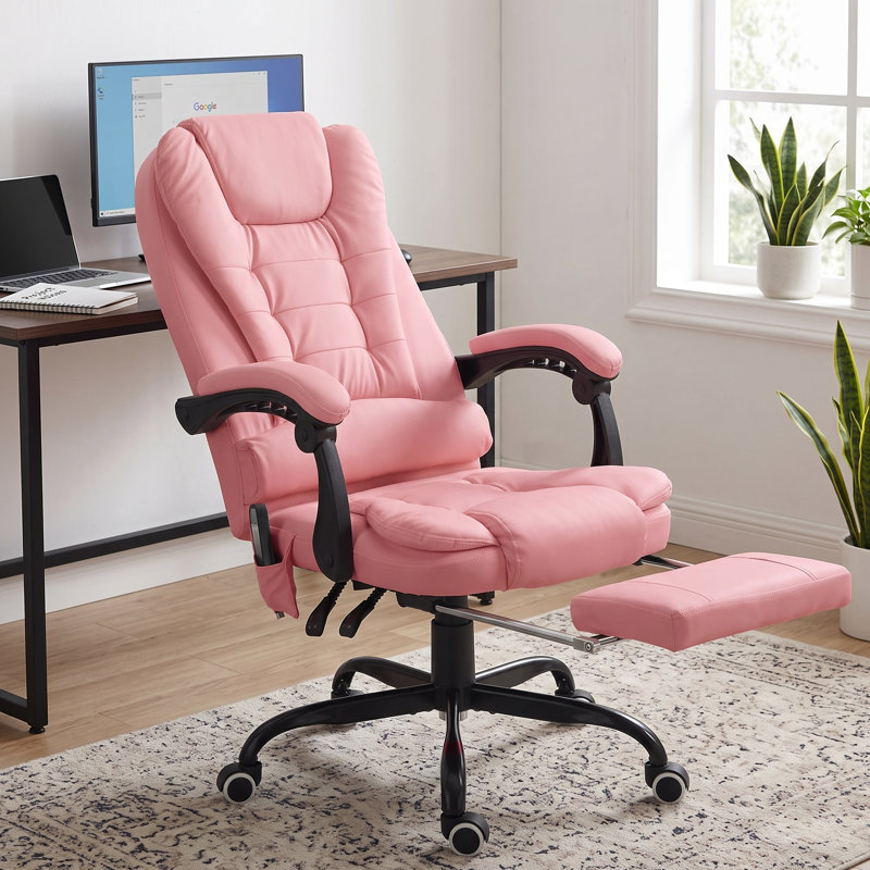 Fauteuil de bureau à haut dossier avec vibration à 7 points, repose-pieds, soutien lombaire, rose, Pink, Pink
