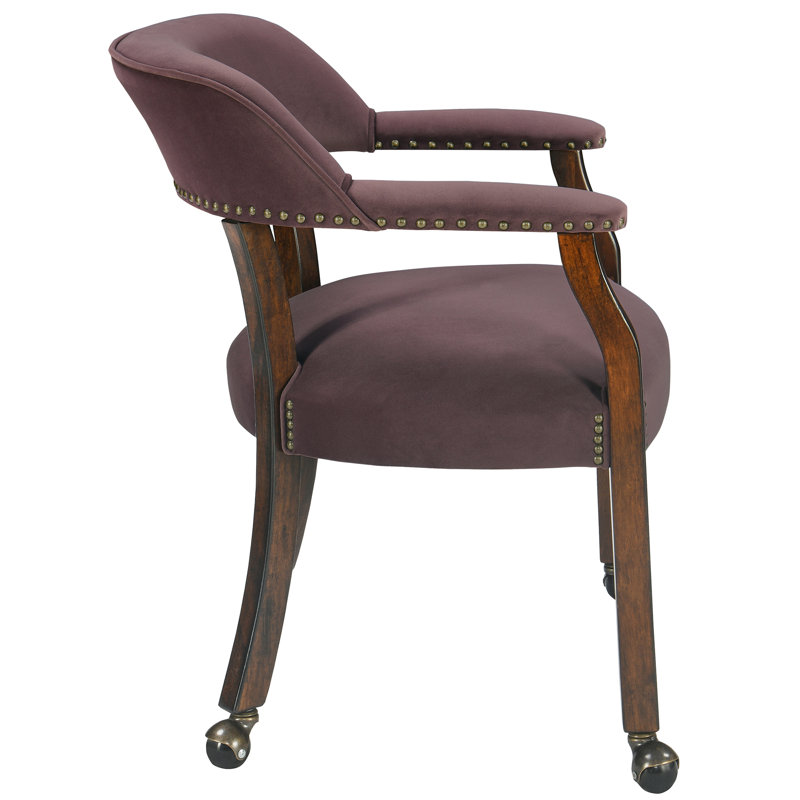 Wexford Collection Mid-Century Modern Upholstered Fabric Dining Chair, Wood Accent Chair with Arms and Casters for Dining Room, Vanity or Office, Velvet-Look Black Dining Chair