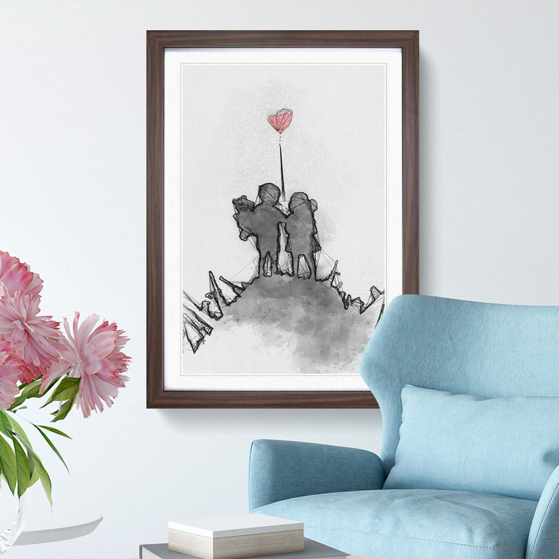 Boy & Girl with Red Balloon in Abstract - Picture Frame Painting Print, Walnut Framed, 87cm H x 62cm W x 2cm D