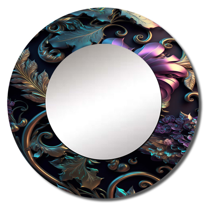 Fleurs abstraites ornées en mauve et or IV - décoration murale miroir floral rond, 36 po x 36 po