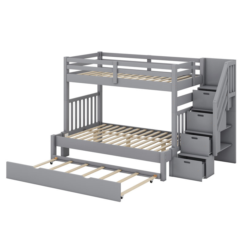 Makenna 4 Drawer Solid Wood Bunk Bed with Stair and Trundle by Andover Mills™ Baby & Kids, Gray