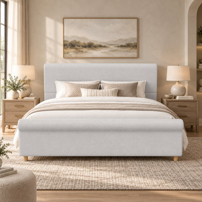 Lit plateforme rembourré King Size avec tête de lit haute et pied de lit arrondi, pieds en bois massif, sommier à lattes, beige