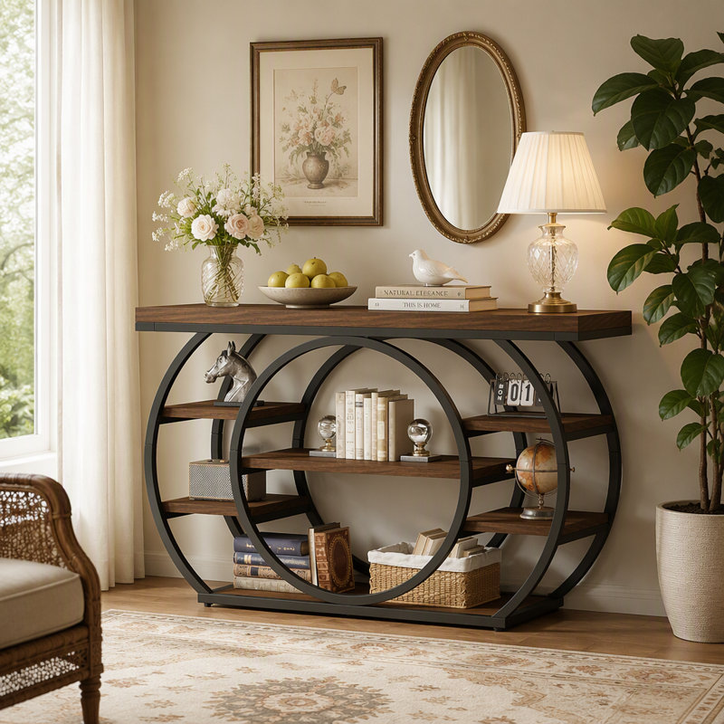 Console de 120 cm (47,24 po), table basse industrielle à 5 niveaux avec structure en métal, Noyer, noir, Noyer, Noir