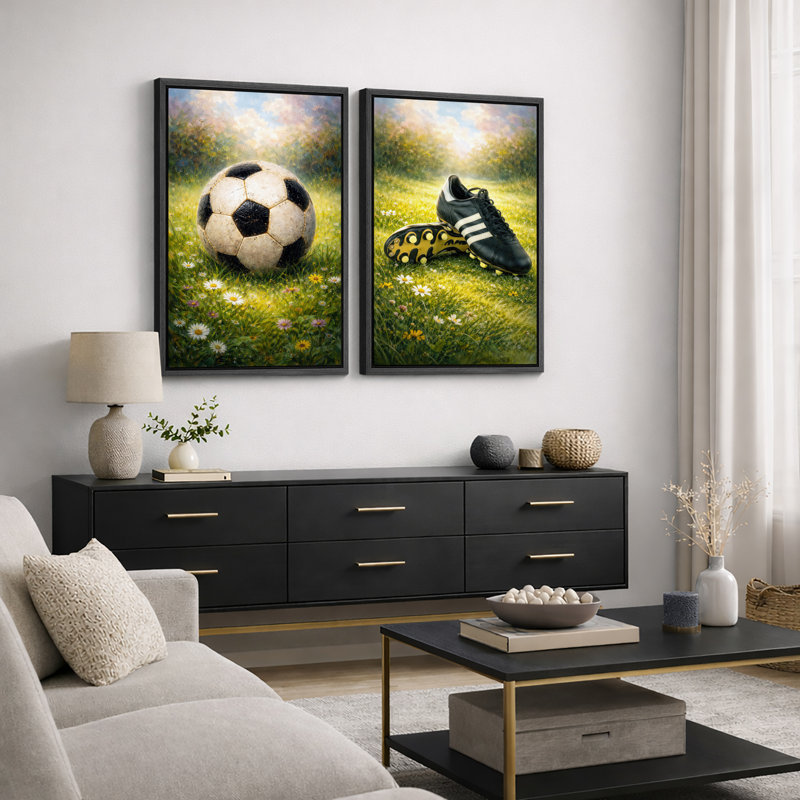Ballon de soccer et tasseaux, art pour chambre d'enfant, impression sur toile encadrée, 2 pièces, Cadre noir
