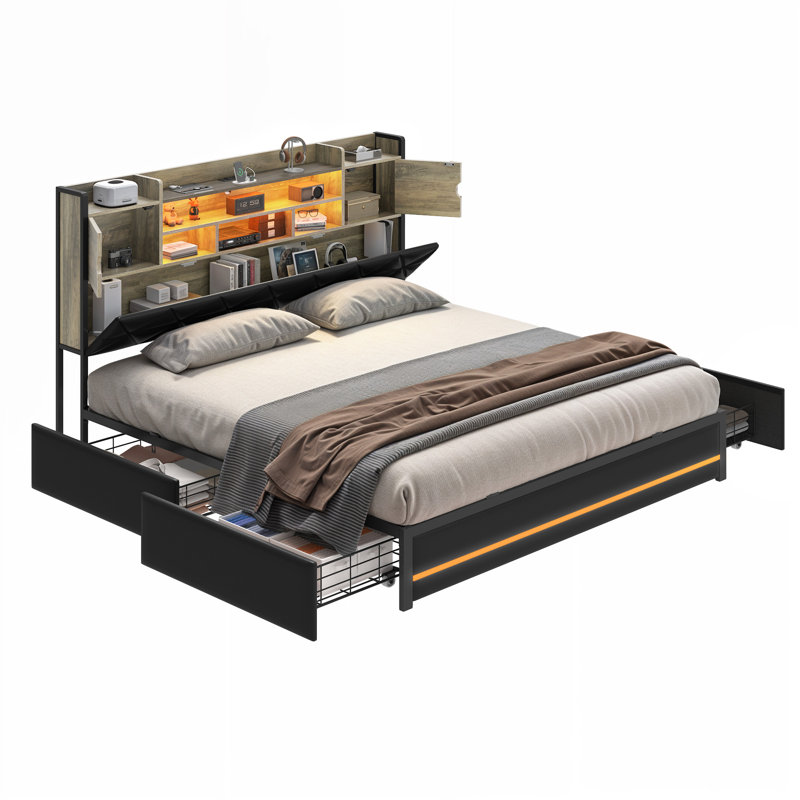 PU Upholstered Platform Bed With 4 Storage Drawers & LED Bookcase Headboard, King