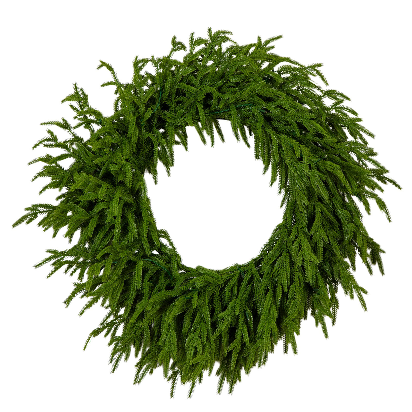 20In. Pre-Lit Artificial Real Touch Norfolk Island Pine Wreath With 35 Warm White LED Lights And Natural Look, Green