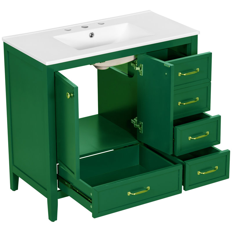 Élégant meuble-lavabo de 36 po avec lavabo en céramique, Vert